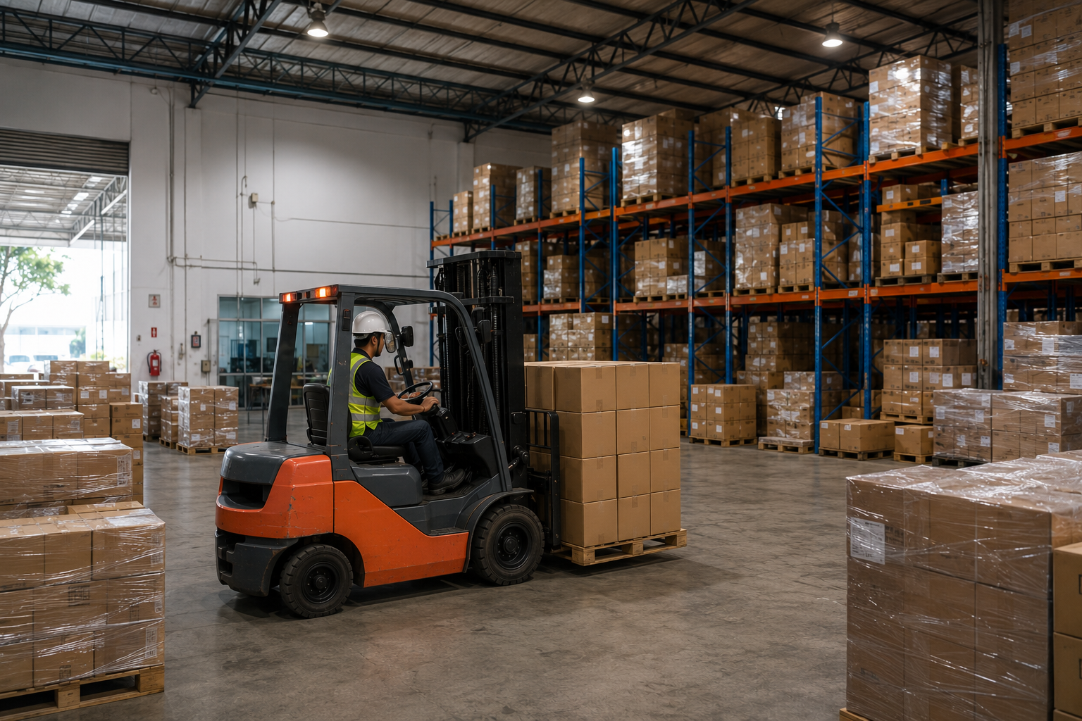Warehouse and forklift handling cargo